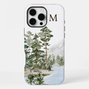 Monogrammierter grüner Kiefernwald und See iPhone 16 Pro Max Hülle