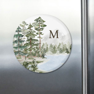 Monogrammierter grüner Kiefernwald und See Magnet