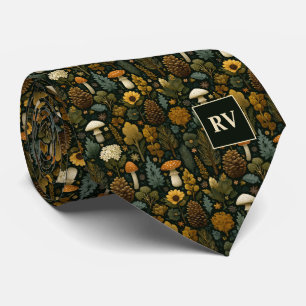 Monogrammierter Herbstlicher Waldpilz Kiefernzapfe Krawatte