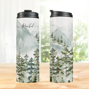 Monogrammierter Kiefernwald und Berge Thermosbecher