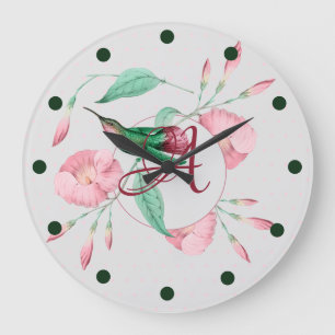 Monogrammierter Kolibri Rosa Minze Floral Deko Große Wanduhr