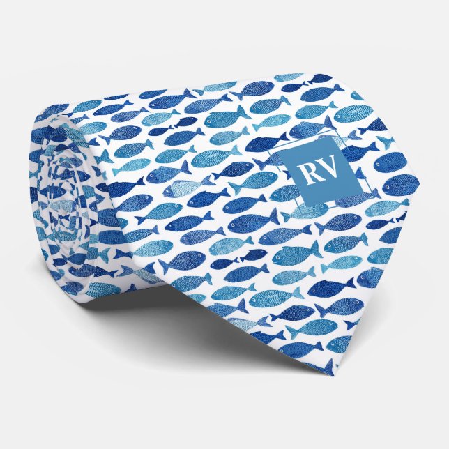 Monogrammierter Nautischer Blauer Fischschwarm Krawatte (Gerollt)