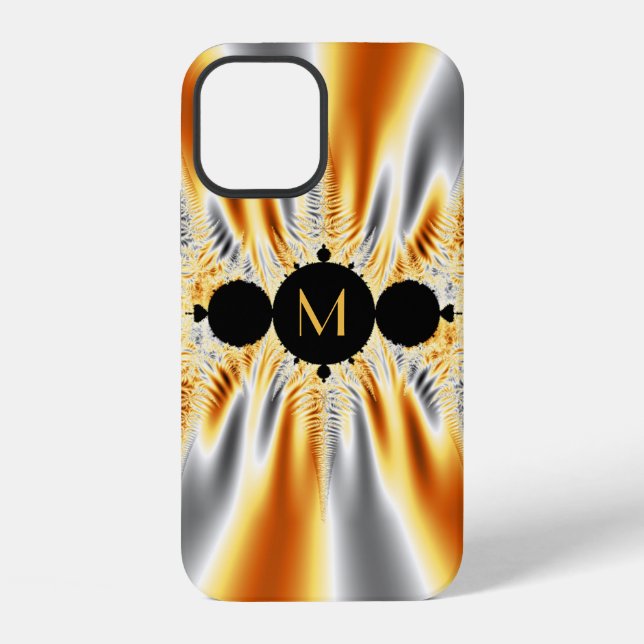 Monogrammierter Orange Grauer Metallischer Fraktal iPhone 12 Hülle (Rückseite)