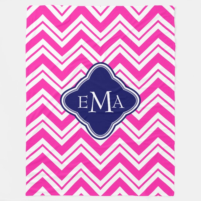 Monogrammierter rosa Blau und weißer Zigzag Zickza Fleecedecke (Vorderseite)