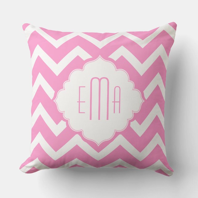 Monogrammierter rosa und weißer geometrischer Zigz Kissen (Vorderseite)