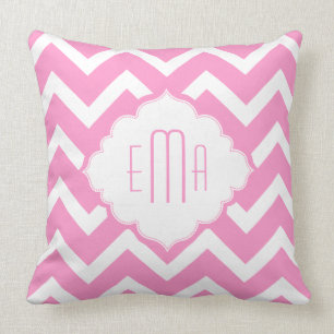 Monogrammierter rosa und weißer geometrischer Zigz Kissen