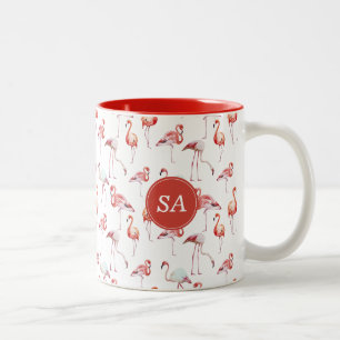 Monogrammierter Tropischer Rosa Flamingo Aquarell Zweifarbige Tasse