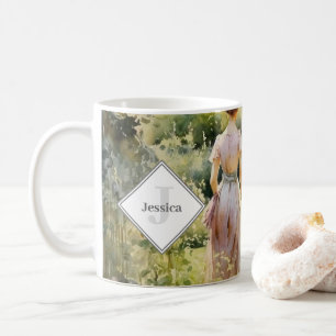 Monogrammierter Vintage-Aquarell-Cottage-Garten Kaffeetasse