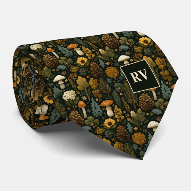 Monogrammierter Waldpilz Herbst Tannenzapfen Krawatte (Gerollt)