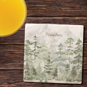 Monogrammierter Wasserfarben-Grün-Tannenwald-Berg Steinuntersetzer