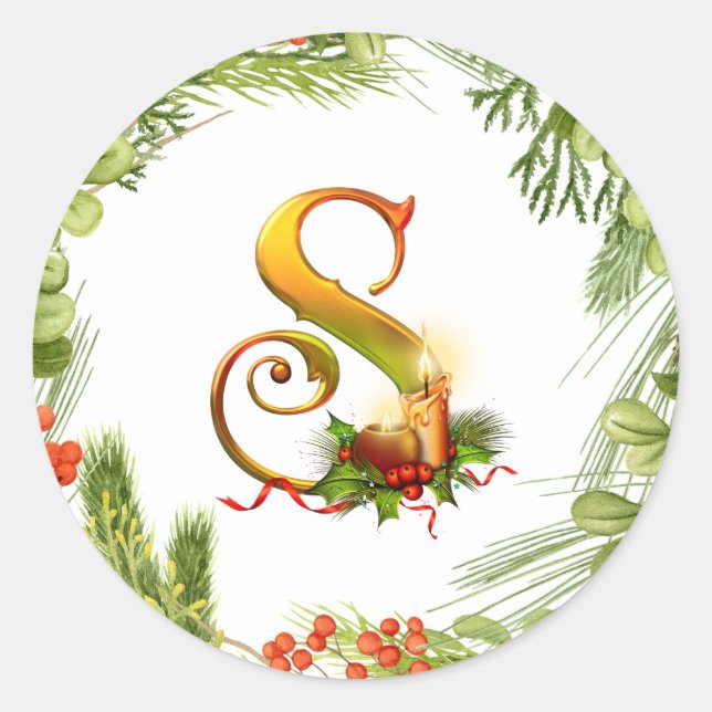 Monogrammierter Weihnachtsaufkleber mit Kranz Runder Aufkleber (Vorderseite)