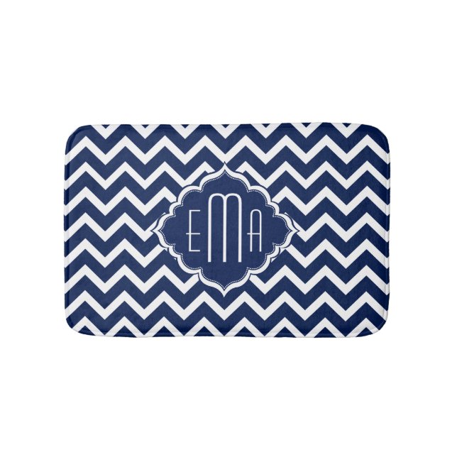 Monogrammierter White & Blue Geometric Zigzag Zick Badematte (Vorderseite)