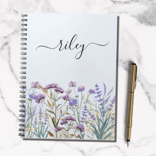 Monogrammiertes Aquarell Lila Wildblumengarten Notizblock