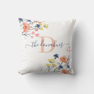 Monogrammiertes Aquarell-Wildblumen-Kissen Kissen
