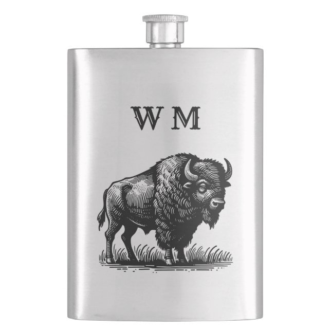 Monogrammiertes Bison Buffalo auf Stahlkolben Flachmann (Vorderseite)