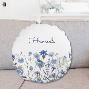 Monogrammiertes blaues Aquarell-Wildblumen-Kinderz Rundes Kissen