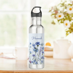 Monogrammiertes blaues Aquarell-Wildblumenwiese Edelstahlflasche