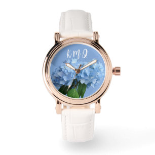 Monogrammiertes blaues Blumenarmband Armbanduhr