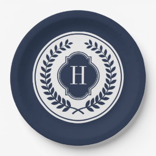 Monogrammiertes blaues und weißes Wappen Pappteller