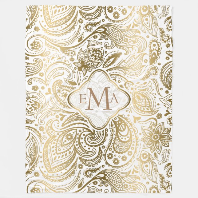 Monogrammiertes Gold & White Floral Paisley Lace Fleecedecke (Vorderseite)
