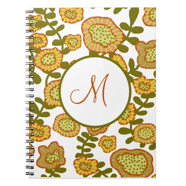 Monogrammiertes, modernes Gold Olive Orange Floral Notizblock (Vorderseite)