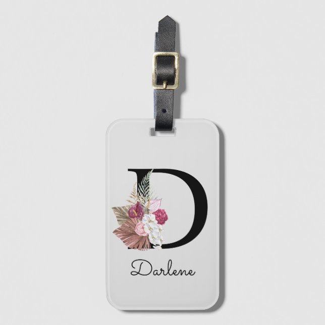 Monogrammiertes rosa Boho-Blumeninitial D Gepäckanhänger (Vorderseite Vertikal)