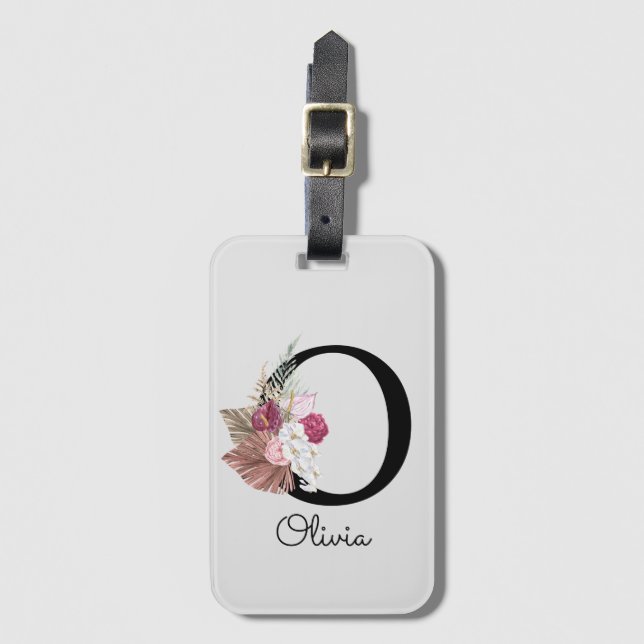 Monogrammiertes rosa Boho-Blumeninitial O Gepäckanhänger (Vorderseite Vertikal)