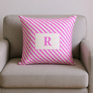 Monogrammiertes Rosa/Weiß gestreiftes Zierkissen