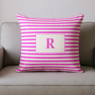 Monogrammiertes Rosa/Weiß gestreiftes Zierkissen