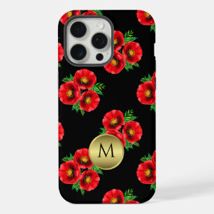 Monogrammiertes Schwarz-Rot-Mohn-Blumenmuster  iPhone 15 Pro Max Hülle