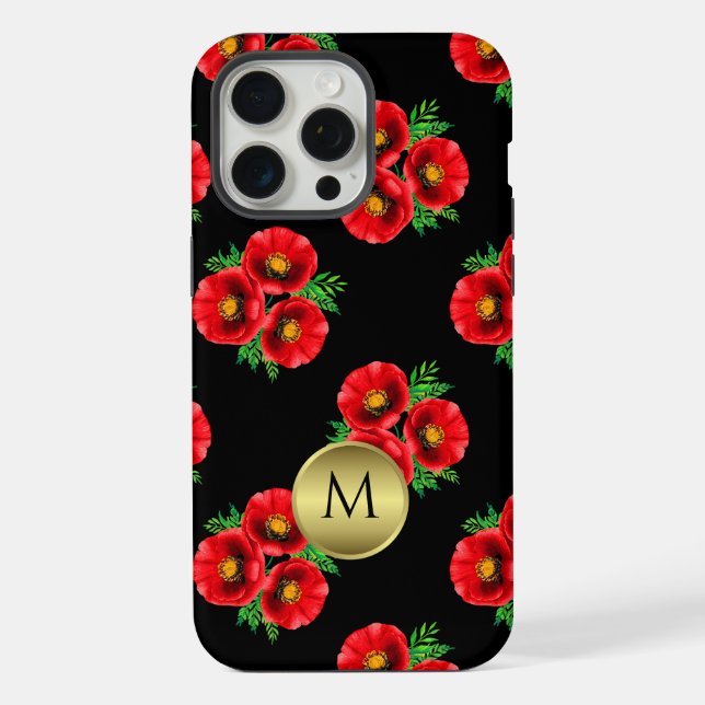 Monogrammiertes Schwarz-Rot-Mohn-Blumenmuster  iPhone 15 Pro Max Hülle (Rückseite)