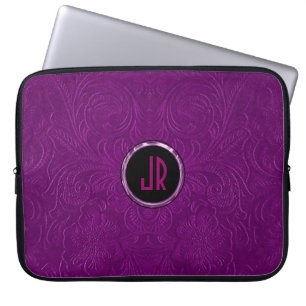 Monogrammiertes Tiefpurpur-Wildleder-Blumendesign Laptopschutzhülle