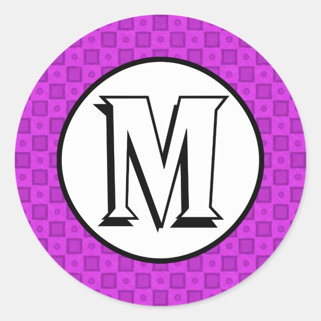 Monogrammkreise und -quadrate auf einem lila Muste Runder Aufkleber (Vorderseite)