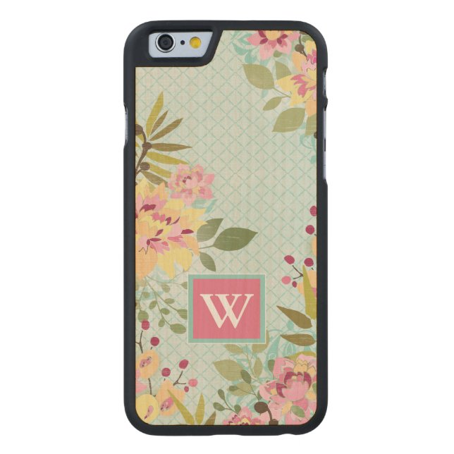 Monogrammm | Blumengarten, blauer Hintergrund Carved Wood iPhone Hülle (Rückseite)