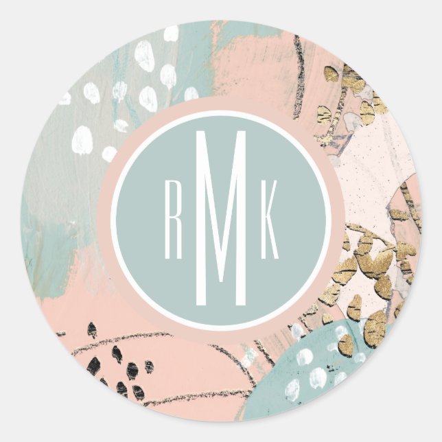 Monogrammm | Blush & Gold I Runder Aufkleber (Vorderseite)