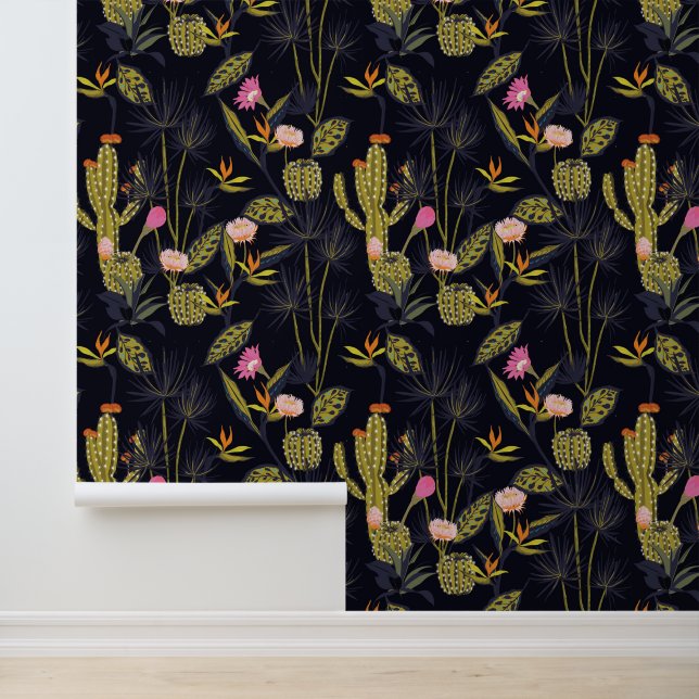 Monogrammm | Dark Summer Night Cactus Pattern Tapete (Anwendung)