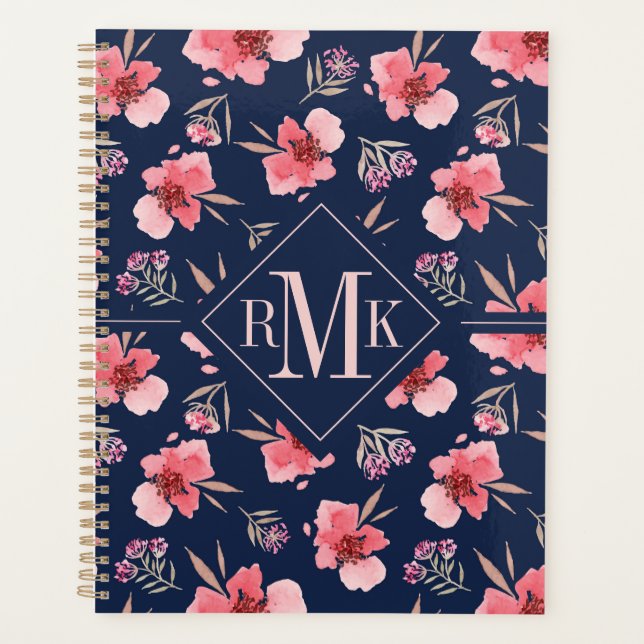 Monogrammm | Dunkelrosa Wasserfarbmuster Planer (Vorderseite)