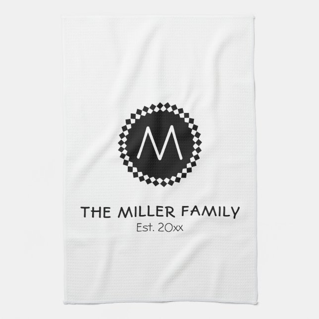 Monogrammm | Familienname | Schwarz-Weiß-Medallion Geschirrtuch (Vertikal)