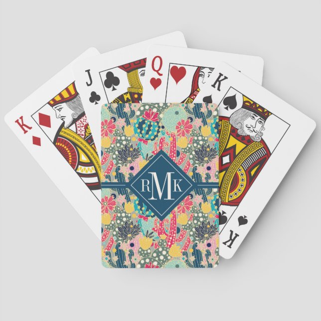 Monogrammm | Farbiges Polka Dot Cactus Pattern Spielkarten (Rückseite)