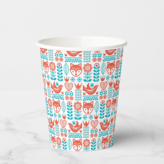 Monogrammm | Finnisches Fox & Bird Folk Art Muster Pappbecher (Links)