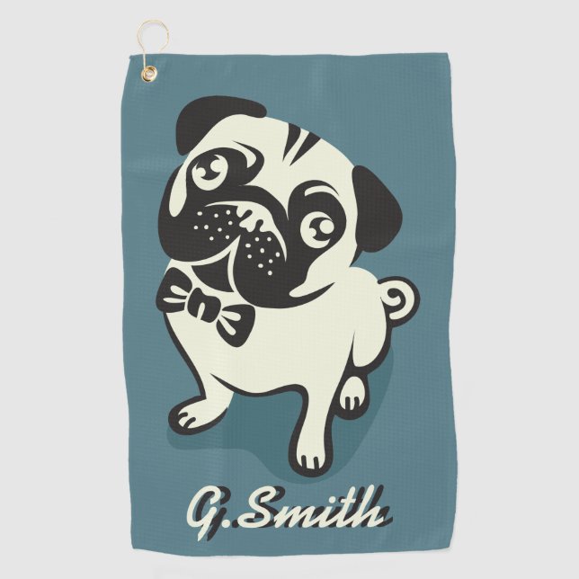 Monogrammm. Funny Gentleman Mops mit einem Niedlic Golfhandtuch (Vorderseite)