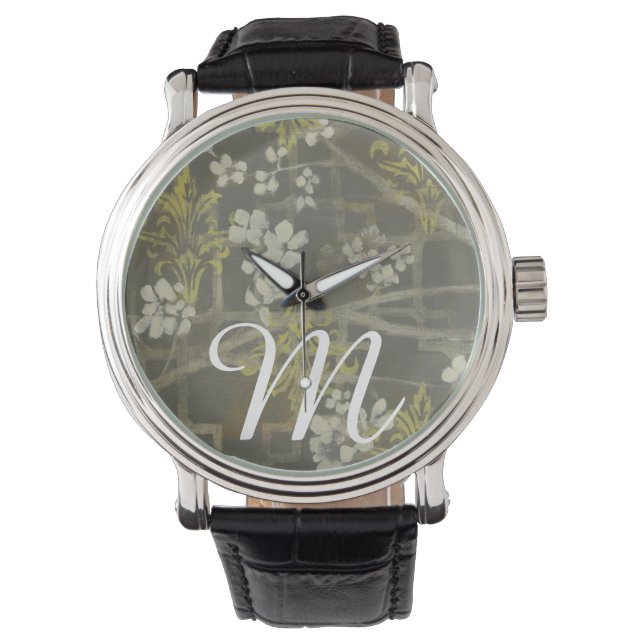 Monogrammm | Gemusterte Zweigstelle Blossom I Armbanduhr (Vorderseite)
