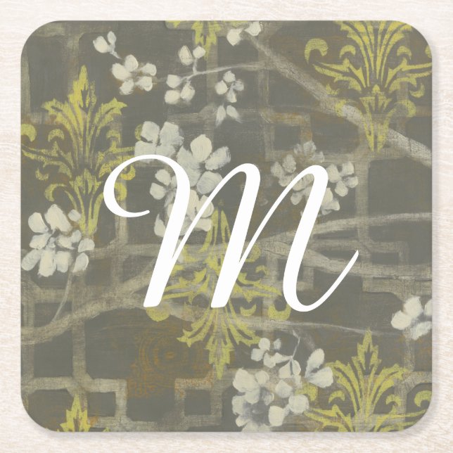 Monogrammm | Gemusterte Zweigstelle Blossom I Rechteckiger Pappuntersetzer (Vorderseite)