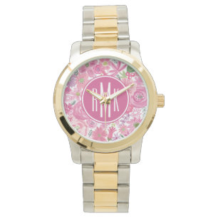 Monogrammm Ich tue rosa Blumenmuster Armbanduhr