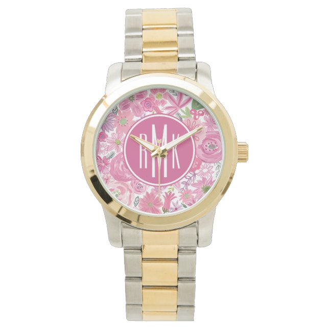 Monogrammm | Ich tue rosa Blumenmuster Armbanduhr (Vorderseite)