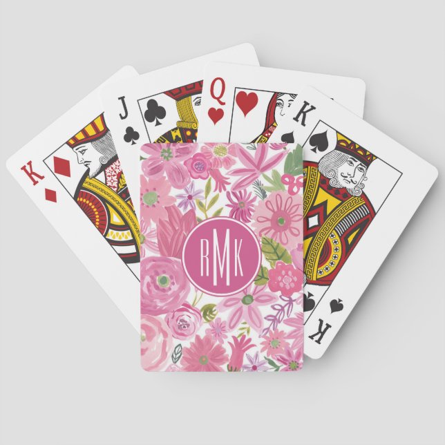 Monogrammm | Ich tue rosa Blumenmuster Spielkarten (Rückseite)