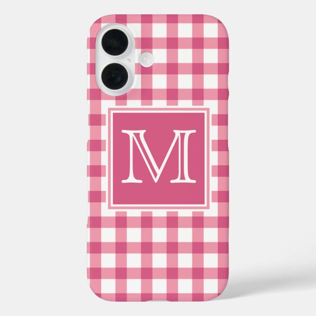 Monogrammm | Niedlich Pink Gingham Kariertes Schac iPhone 16 Hülle (Rückseite)