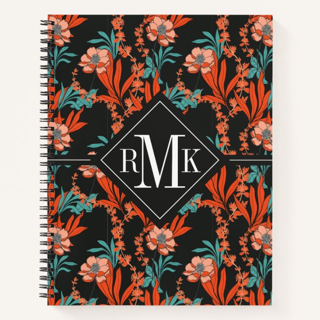 Monogrammm | Orangefarbenes Abstraktes Blumenmuste Notizbuch (Vorderseite)