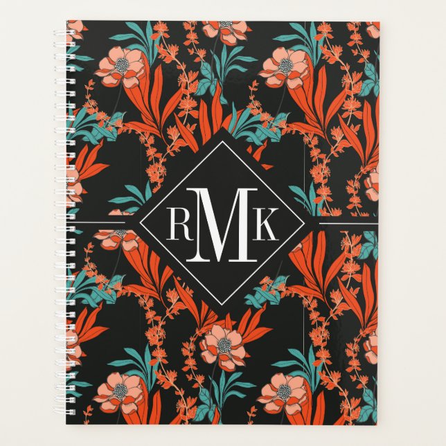 Monogrammm | Orangefarbenes Abstraktes Blumenmuste Planer (Vorderseite)
