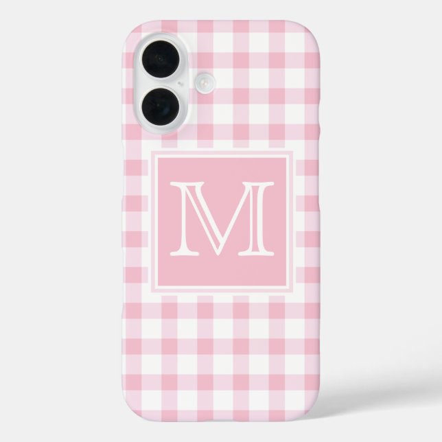 Monogrammm | Pastel Pink Girly Gingham Kariertes S iPhone 16 Hülle (Rückseite)